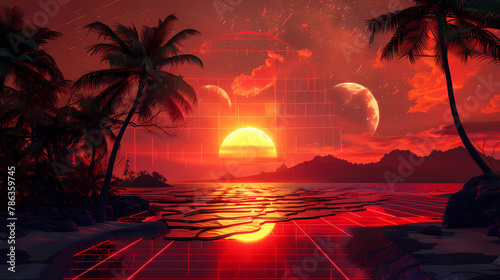Retro synth wave style Beautiful Sunset on the beach with sea and palm trees.