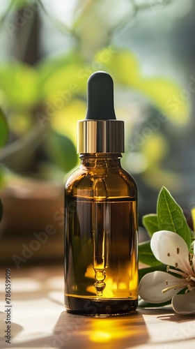 Bottle with serum or oil with green plants in background. Vertical