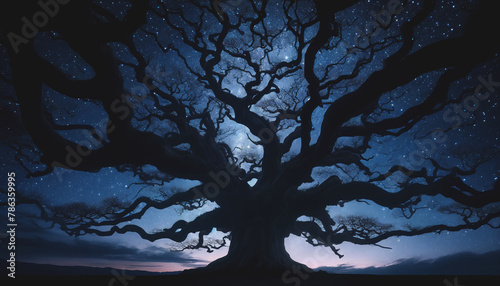 Ancient Tree Silhouette with Starry Sky