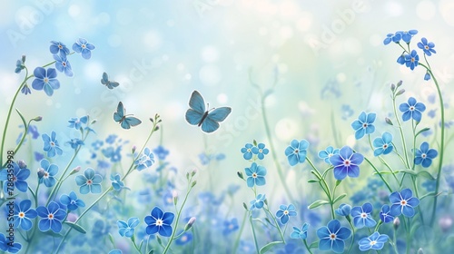 Blue background of forget-me-nots, butterflies and bokeh