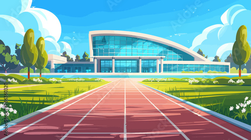 a digital painting of a running track in front of a building