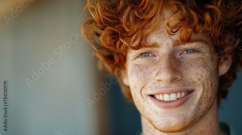 Close-up of a young man with curly red hair and freckles smiling photo
