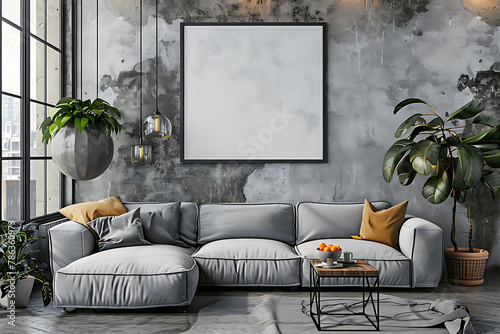 A mockup poster frame 3d render in an industrial shelving system, above a comfortable sofa, entertainment room, Scandinavian style interior design, hyperrealistic photo