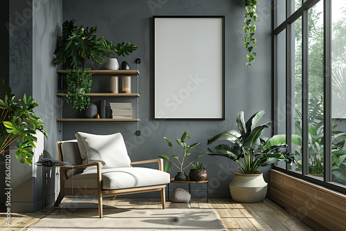 A mockup poster frame 3d render in an industrial shelving unit, above a comfortable armchair, meditation room, Scandinavian style interior design, hyperrealistic photo