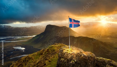 The Flag of Iceland On The Mountain.