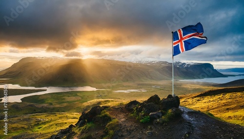 The Flag of Iceland On The Mountain.