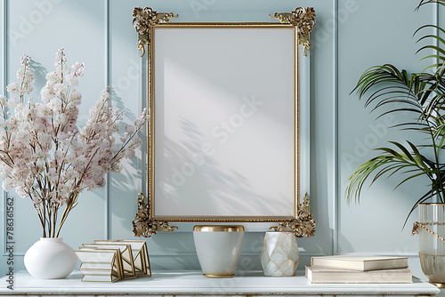 A mockup poster frame 3d render in an ornate gold frame 3d render, above a retro chest drawer, surrounded by stacked coffee table books, in light and airy pastels, hyperrealistic photo