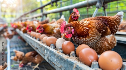 Efficient egg collection system in spacious commercial hen house with free roaming hens photo