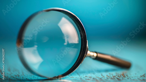 Magnifying glass  looking and reading or investigation for research with discovery  problem solving or exploring. Tool  lens and evidence equipment or book text for learning  instrument or detective