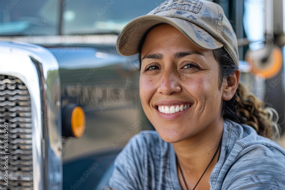 Smiling portrait of a young female truck driver Smiling portrait of a young female truck driver