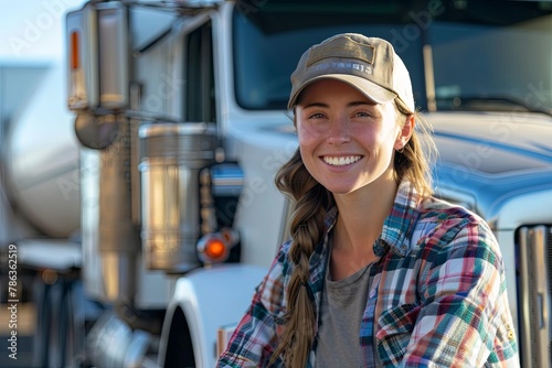 Smiling portrait of a young female truck driver
