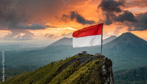 The Flag of Indonesia On The Mountain.