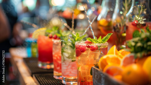 Vibrant cocktails adorned with fruit on a bar counter