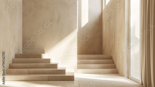 Minimalist beige stairs with Scandinavian flair in a well-designed lounge with a window.