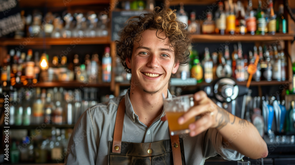 Cheerful young bartender offering a drink
