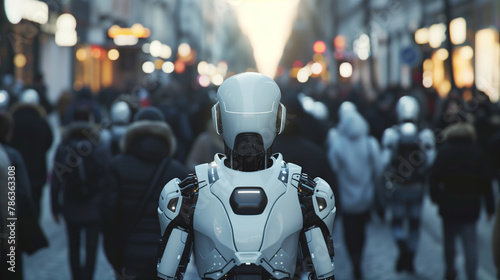 A robot stands out in a crowd of people on a busy street