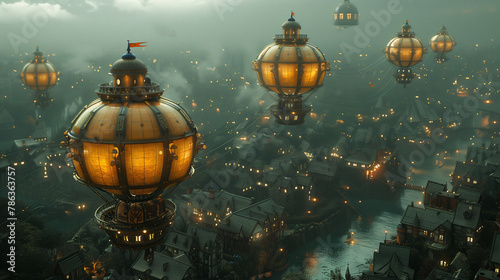 A fantastical cityscape at dusk with illuminated airships floating above old European-style buildings, creating a magical and mysterious atmosphere.