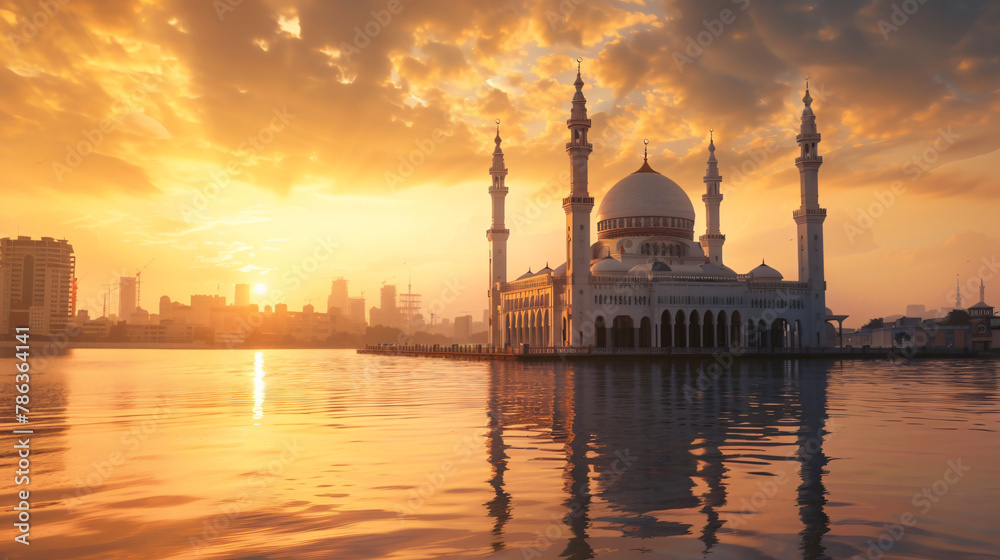 Floating mosque during sunrise.