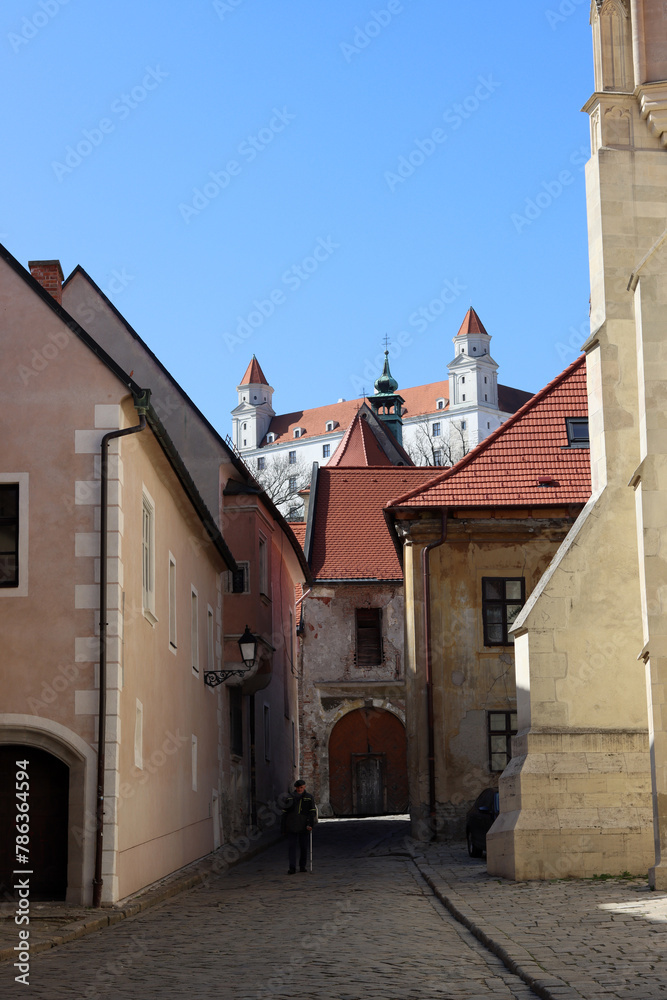 Beautiful tiny street in the old town of Bratislava, Slovakia. Architecture of Europe. Tourist destinations concept. 
