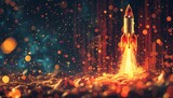 Incorporate the concept of investing in gold into a digital pixel art piece featuring a rocket blasting off into space