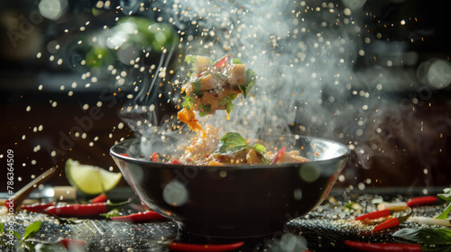 A dramatic culinary moment with food particles flying over a steaming Asian dish in a kitchen.