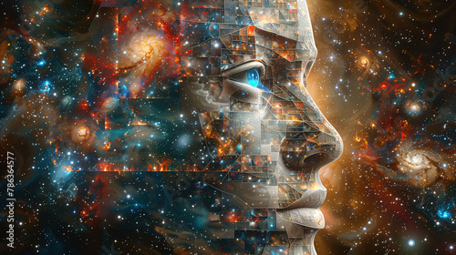 Digital artwork of a woman's face composed of cosmic elements and galaxies, symbolizing the universe within human imagination.
