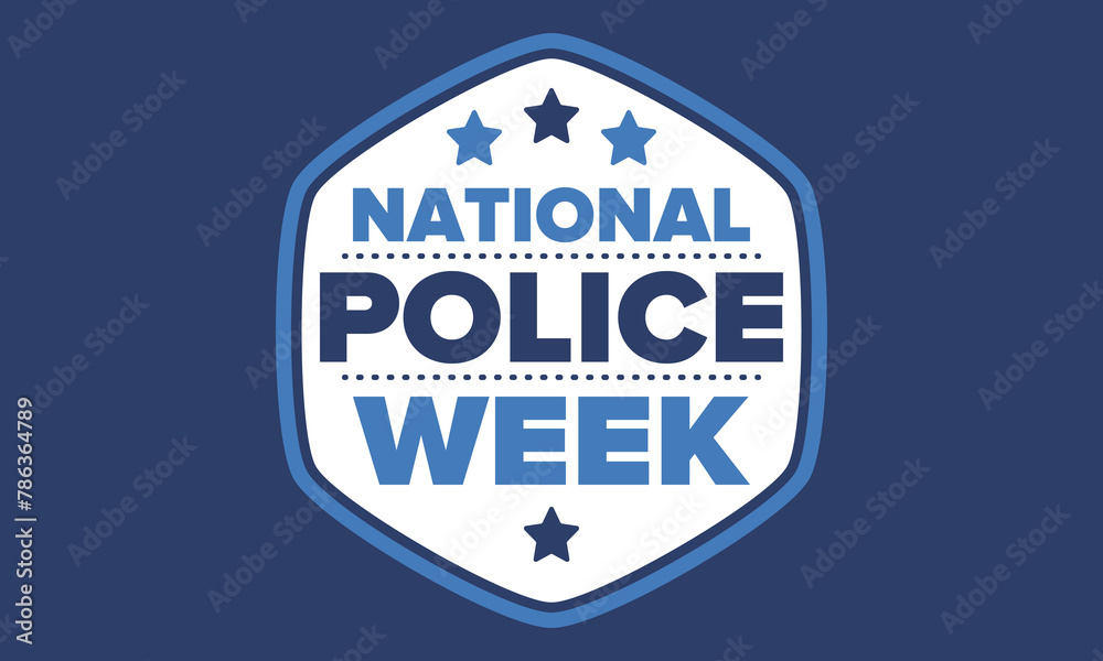 Obraz premium National Police Week in May. Celebrated annual in United States. In honor of the police hero. Police badge and patriotic elements. Officers Memorial Day. Poster, card, banner. Vector illustration