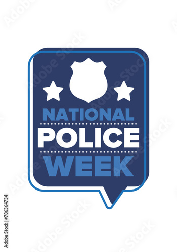 National Police Week in May. Celebrated annual in United States. In honor of the police hero. Police badge and patriotic elements. Officers Memorial Day. Poster, card, banner. Vector illustration