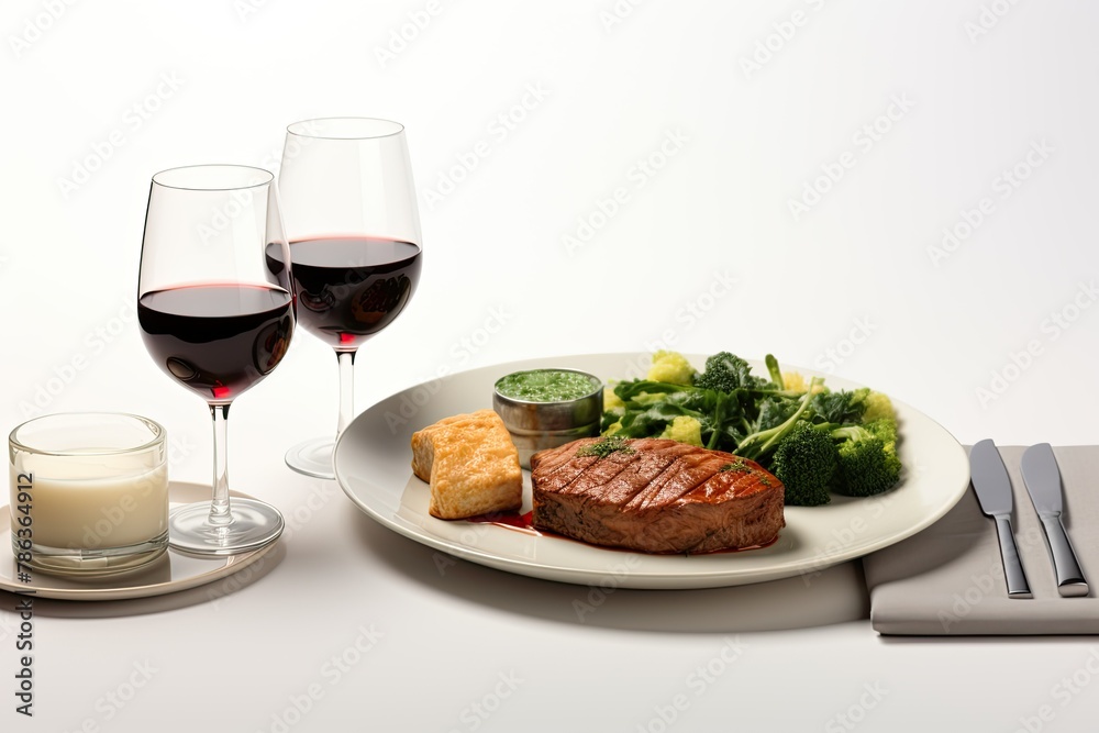 A set of dinner in the modern table isolated on white background A set of dinner in the modern table isolated on white background