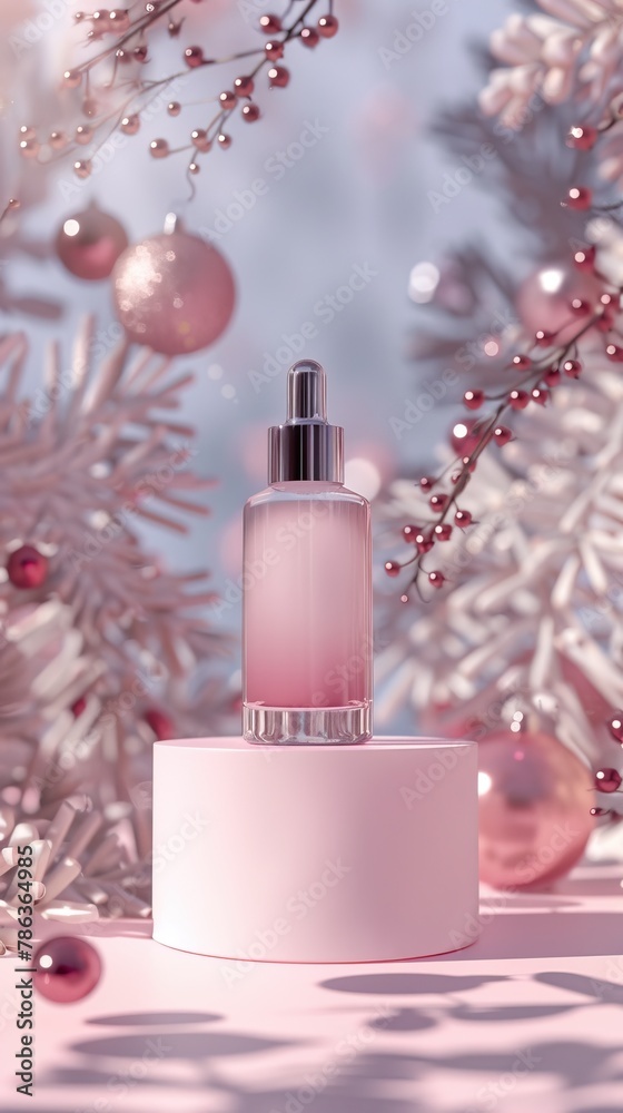 A cosmetic serum bottle on a pedestal with festive holiday decorations in the background - obrazy, fototapety, plakaty 