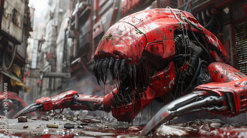 A detailed scene of a red robotic creature with sharp teeth lying dismantled in a narrow, cluttered alleyway.