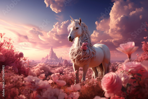 Magic pink unicorn in fantastic world with fluffy clouds and meadows with roses. A fairy character monoceros