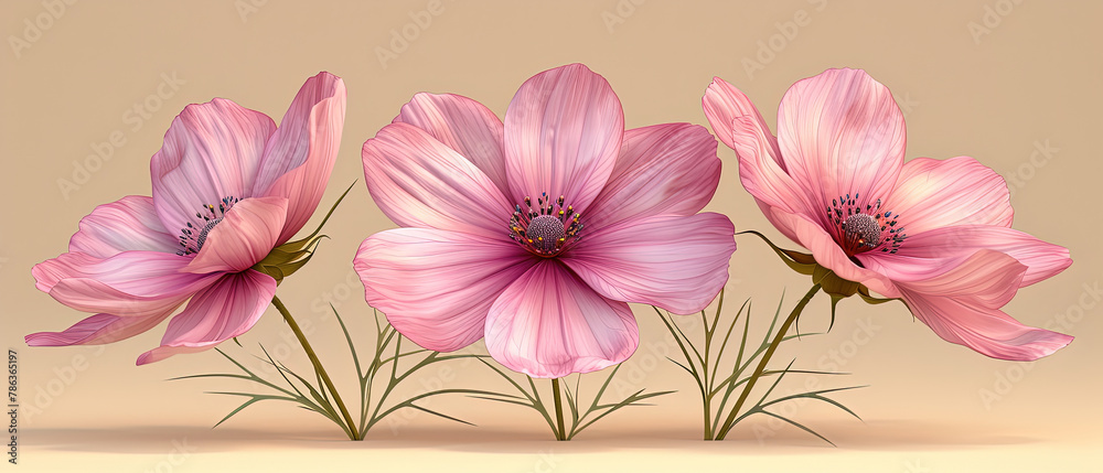 a three pink flowers that are on a brown background