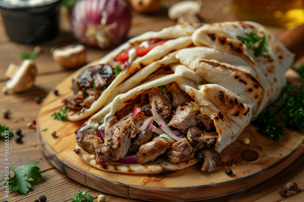 Shawarma sandwich gyro fresh roll of lavash pita bread chicken beef shawarma falafel RecipeTin Eatsfilled with grilled meat, mushrooms, cheese. Traditional Middle Eastern snack. On wooden background