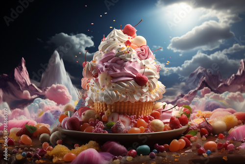 A creative giant cupcake with whipped cream and cherry berry on the top in a sweet fairy-tale world on the background of blue sky with clouds and mountains