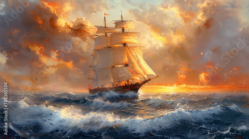 A majestic sailing ship navigates through turbulent seas under a dramatic sunset sky filled with orange clouds.