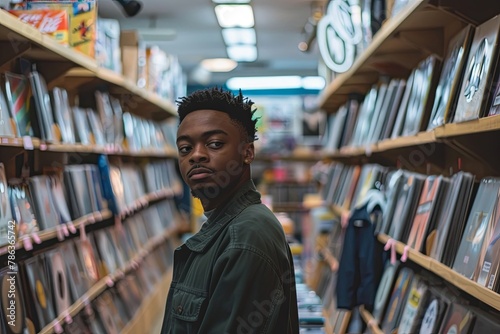 Portrait of a young black man in a record store