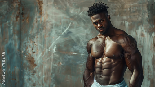 Portrait of a black, African American male fitness model, focus on well-defined abs muscles, concrete wall in the background