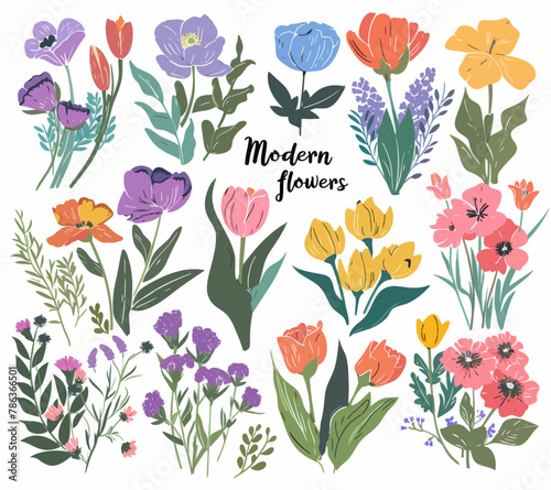 a bunch of flowers that are on a white background