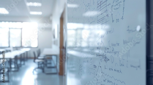 A close-up of a whiteboard in an empty classroom, filled with equations and diagrams related to calculus.