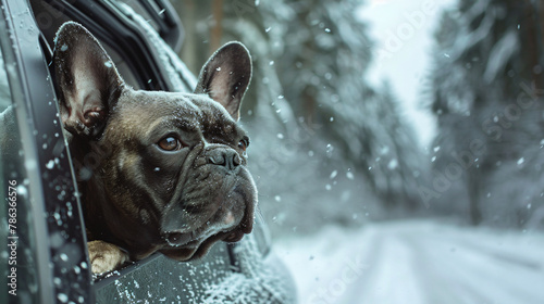 French bulldog dog traveling in car in winter snowy fo