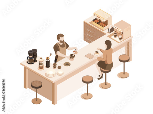 Coffee shop and bar counter and barista man vector illustration