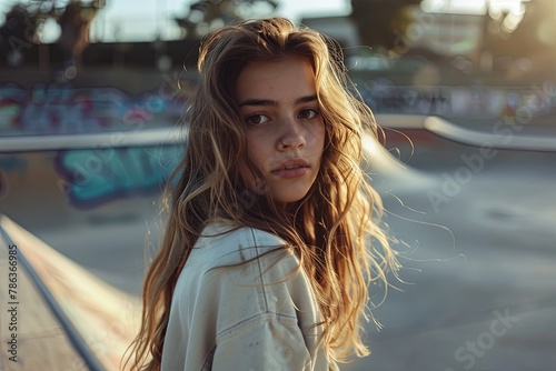 Portrait of a young woman at a skate park