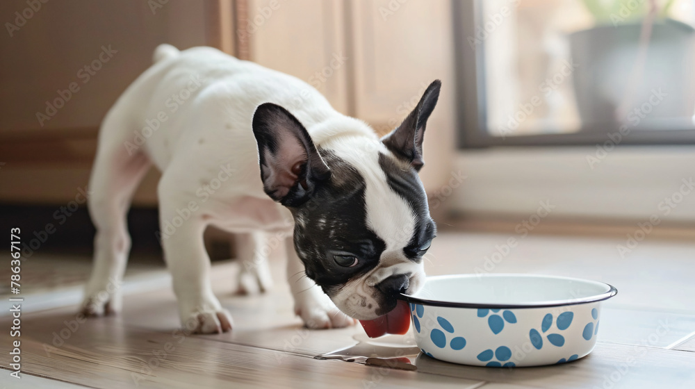 French bulldog eating from bowl