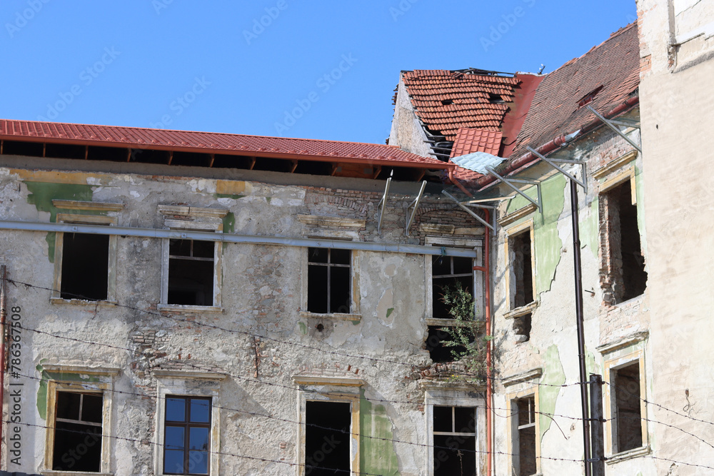 Old buildings close up photo. Beautiful facades of European buildings. Traditional architecture of Bratislava, Slovakia Old buildings close up photo. Beautiful facades of European buildings. Traditional architecture of Bratislava, Slovakia