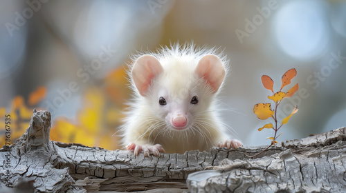 Close up portrait of an albino ferret peeking out from behind a sheared tree in the forest photo