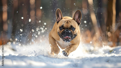 French bulldog running in the snow