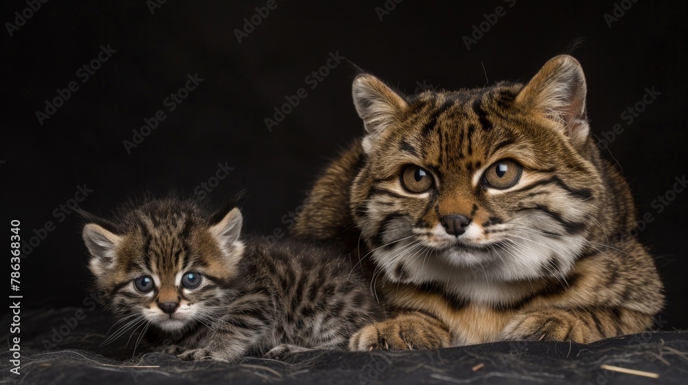 Andean mountain cat and kitten portrait with empty space on left for text placement