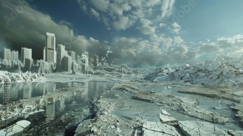 An abandoned urban landscape transformed into a frozen wasteland, creating a dramatic post-apocalyptic scene. © Thinnawat