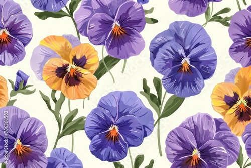 Wallpaper Mural Seamless Pattern of Delicate Purple Pansies with Green Leaves and Purple Flowers on White Background Torontodigital.ca